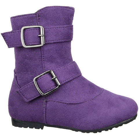 Kids Ankle Boots Suede Double Buckle Side Zipper Closure Purple
