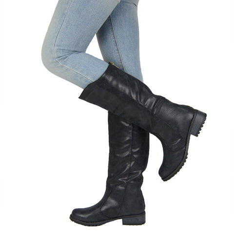 Womens Knee High Boots Casual Riding Western Zip Up Comfort Shoes black