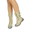 Womens Mid Calf Boots Canvas Lace Up and Zipper Casual Comfort Shoes Beige