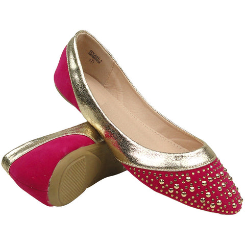 Womens Ballet Flats Studded Toe Cap Metallic Contrast Pink