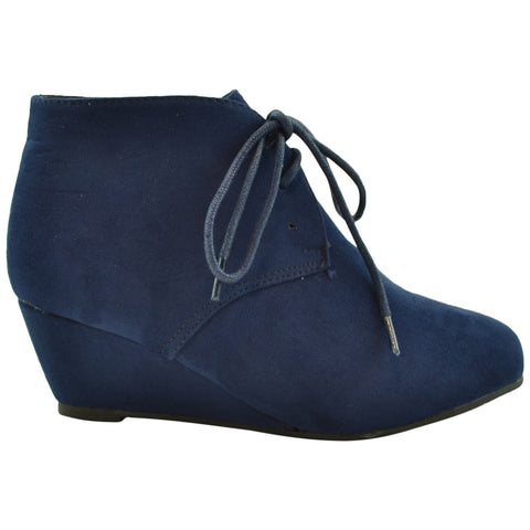 Kids Ankle Boots Faux Suede Low Heel Casual Wedges Navy