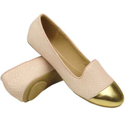 Womens Ballet Flats Snake Printed Gold Toe Cap Pink