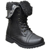Kids Mid Calf Boots Fold Over Cuff Fur Lined Lace Up Combat Boots Black
