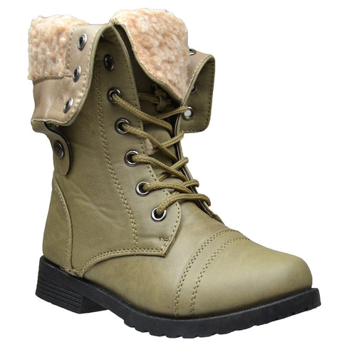 Kids Mid Calf Boots Fold Over Cuff Fur Lined Lace Up Combat Shoes Taupe