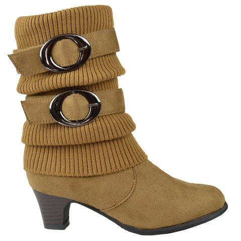Kids Mid Calf Boots Knitted Calf and Suede Double Side Buckle Tan