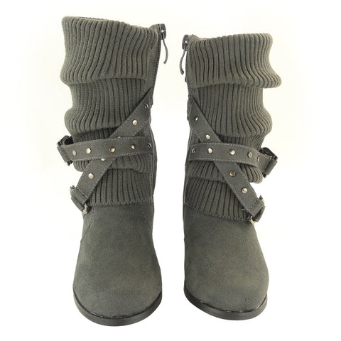 Kids Mid Calf Boots Knitted Pull Over Ankle Wrap Stud Buckle Gray