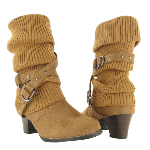 Kids Mid Calf Boots Knitted Pull Over Ankle Wrap Stud Buckle Tan