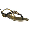 Womens Flat Sandals T-Strap Metal Accent Slingback Thong Sandal Black