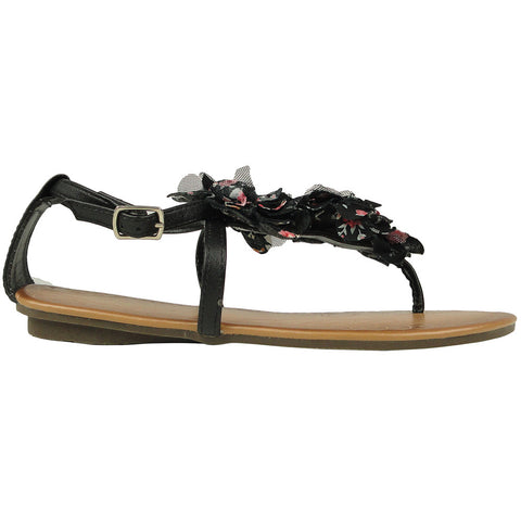 Womens Flat Sandals Thong Floral Tulle T-Strap Ankle Strap black