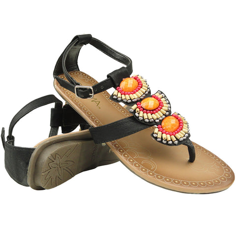 Womens Flat Sandals T-Strap Tribal Color Beaded Adjustable Ankle Strap black