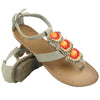 Womens Flat Sandals T-Strap Tribal Color Beaded Adjustable Ankle Strap Gray