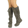 Womens Knee High Boots Ruched Calf Knit Collar Military Hiking Combat Gray