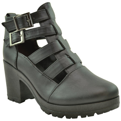 Womens Ankle Boots Cutout Strappy Buckles Chunky Heel Shoes black