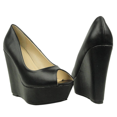 Womens Platform Sandals Patent Leather Peep Toe Wedge High Heel Shoes Black
