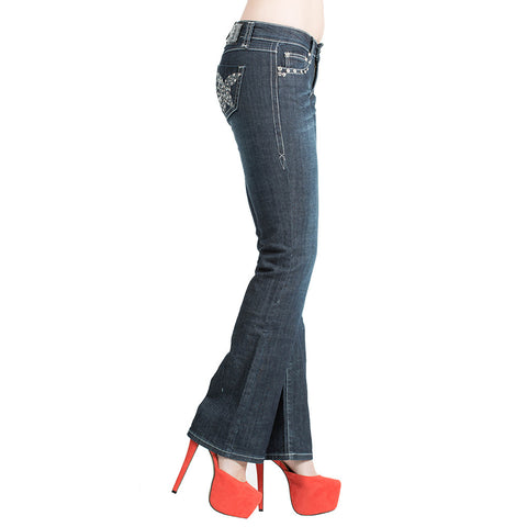 Womens Pant Butterfly Rhinestone Studs Dark Wash Denim Boot Cut Jeans Blue