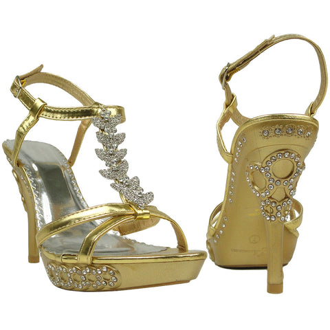 Womens Dress Sandals Angel Wing Rhinestones T Strap High Heel Shoes GOLD