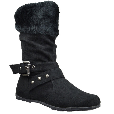 Kids Mid Calf Boots Fur Cuff and Studded Strap Casual Comfort Shoes black