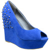 Womens Platform Sandals Suede Peep Toe Spiked Wedge High Heel Shoes Blue