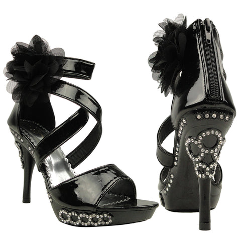 Womens Dress Sandals X-Strap and Tulle Flower Back Zipper Closure black