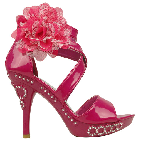 Womens Dress Sandals X-Strap and Tulle Flower Back Zipper Closure Pink
