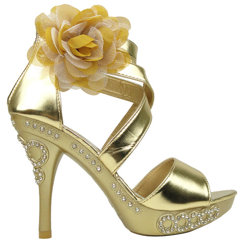 Womens Dress Sandals X-Strap and Tulle Flower Back Zipper Closure Gold