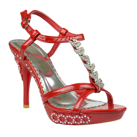 Womens Dress Sandals Angel Wing Rhinestones T Strap High Heel Shoes Red