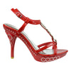 Womens Dress Sandals Angel Wing Rhinestones T Strap High Heel Shoes Red