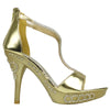 Womens Dress Sandals Embellished Wrap Around Strap High Heel Shoes Gold