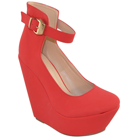 Womens Platform Shoes Ankle Strap Buckle Accent Dress Wedges Red