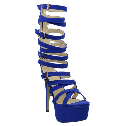 Womens Platform Sandals Gladiator Strappy Buckle High Heel Shoes Blue