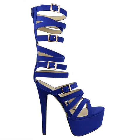 Womens Platform Sandals Gladiator Strappy Buckle High Heel Shoes Blue
