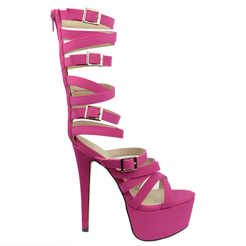 Womens Platform Sandals Gladiator Strappy Buckle High Heel Shoes Pink