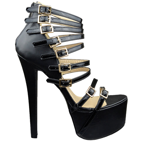Womens Platform Sandals Strappy Buckle Accents Sexy High Heels Black
