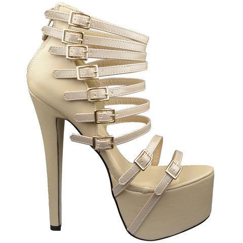 Womens Platform Sandals Strappy Buckle Accents Sexy High Heels Nude