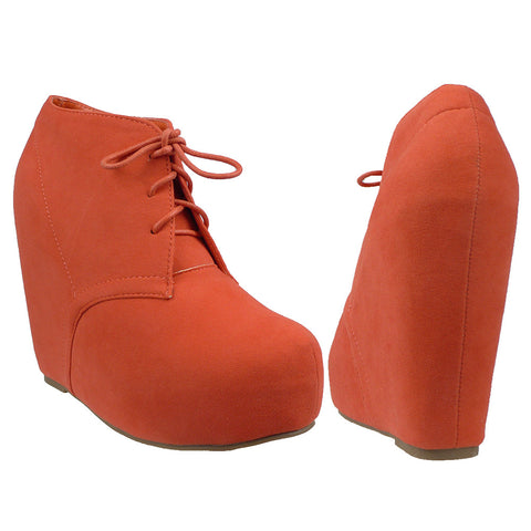 Womens Ankle Boots Sexy Lace Up Hidden Platform High Wedge Shoes Orange