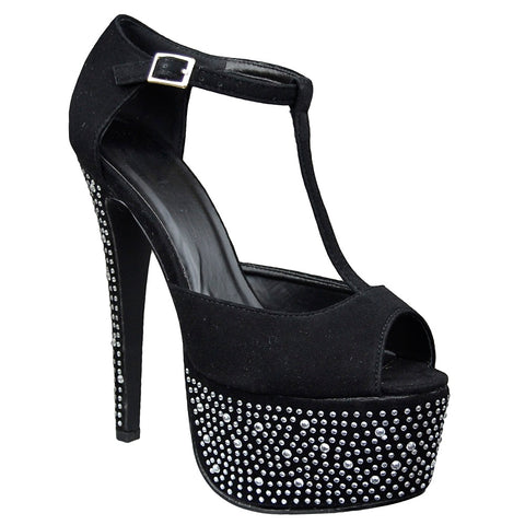 Womens Platform Shoes Rhinestone Studded Peep Toe High Heel Shoes black