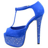 Womens Platform Shoes Rhinestone Studded Peep Toe High Heel Shoes Blue