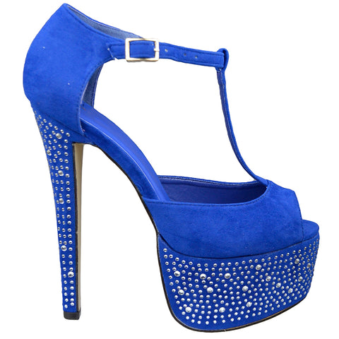 Womens Platform Shoes Rhinestone Studded Peep Toe High Heel Shoes Blue