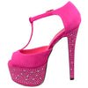 Womens Platform Sandals Rhinestone Studded Peep Toe High Heel Shoes Pink