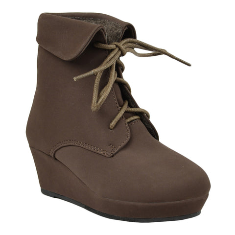 Kids Ankle Boots Lace Up Suede Casual Wedge Shoes Brown