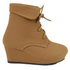 Kids Ankle Boots Lace Up Suede Casual Wedge Shoes Tan