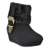 Kids Ankle Boots Fur Cuff Buckle Accent Casual Wedge Shoes Black