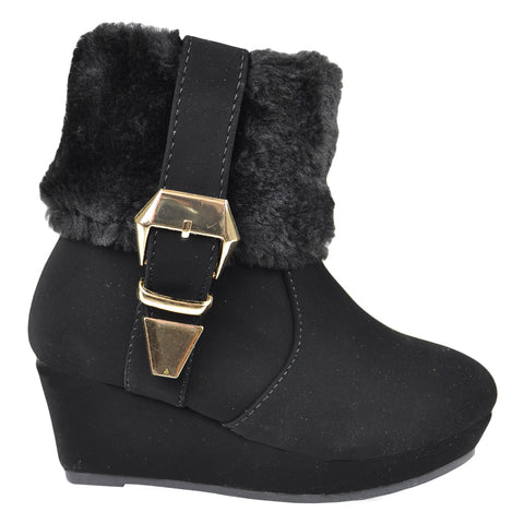 Kids Ankle Boots Fur Cuff Buckle Accent Casual Wedge Shoes Black