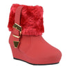Kids Ankle Boots Fur Cuff Buckle Accent Casual Wedge Shoes Red