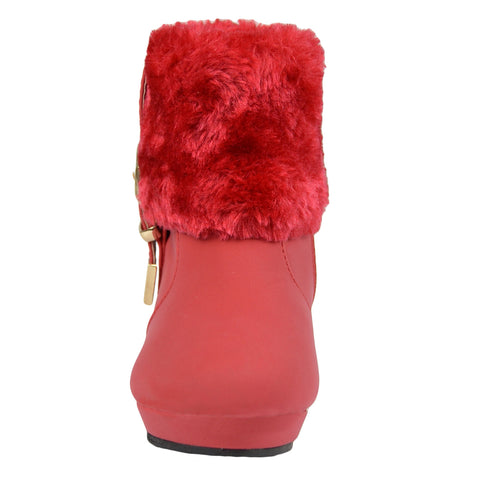 Kids Ankle Boots Fur Cuff Buckle Accent Casual Wedge Shoes Red