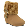 Kids Ankle Boots Fur Cuff Buckle Accent Casual Wedge Shoes Tan