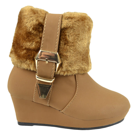 Kids Ankle Boots Fur Cuff Buckle Accent Casual Wedge Shoes Tan