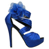 Womens Dress Sandals Strappy Ruched Satin Side Mesh Flower Blue