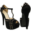 Womens Dress Sandals Fur T-Strap Studded Adjustable Ankle Strap black