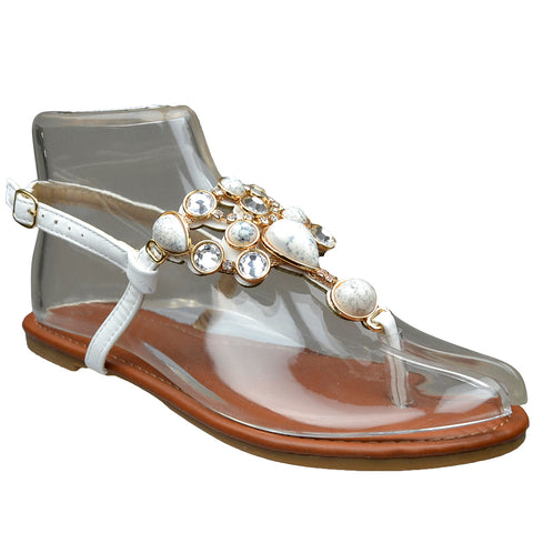 Womens Flat Sandals Marbled Gemstones Accent Casual Dress Shoes White